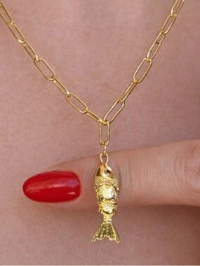 Gold Fish Pendant Link Necklace - Women Jewelry